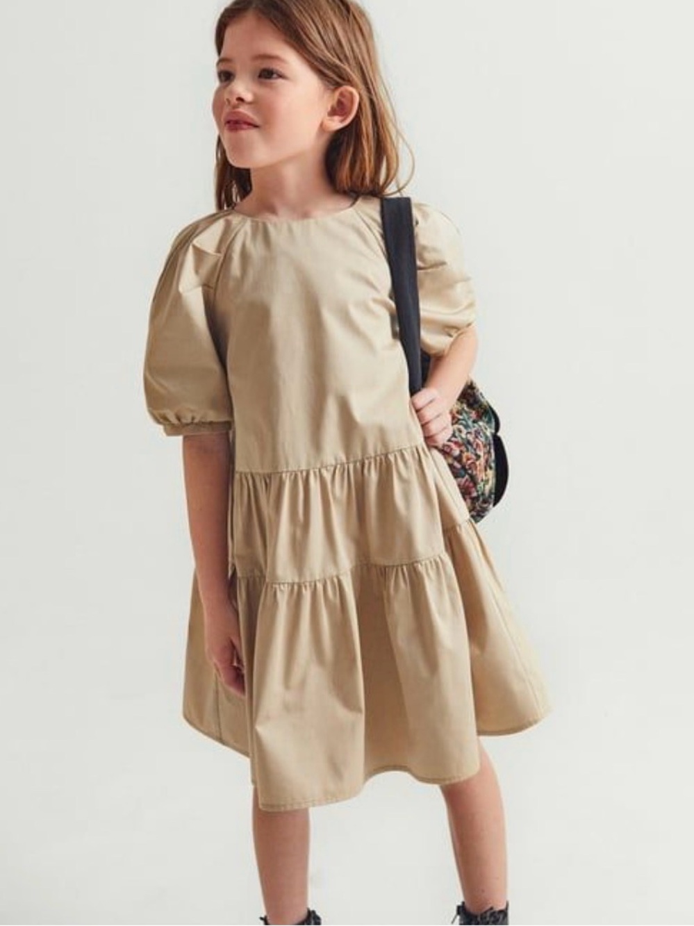 Zara Tan Tiered Puff-Sleeve Dress for Girls